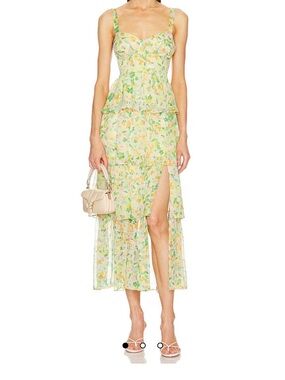 NWT ASTR The Label Yellow and Green Floral Tiered Midi Dress